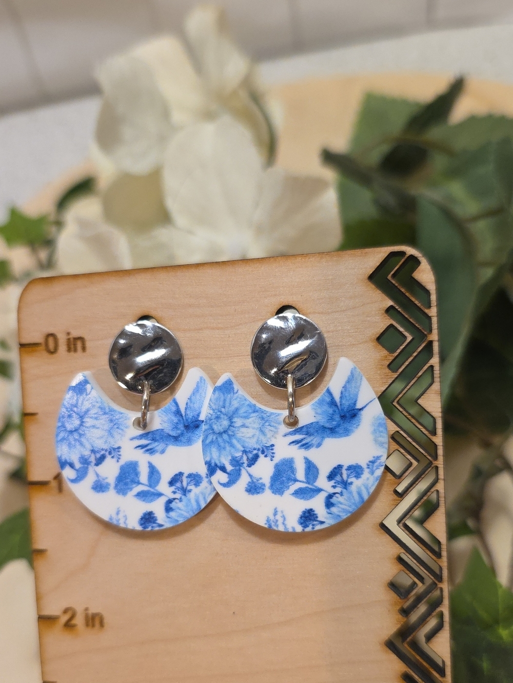 Handcrafted Blue Floral Half-Moon Drop Earrings